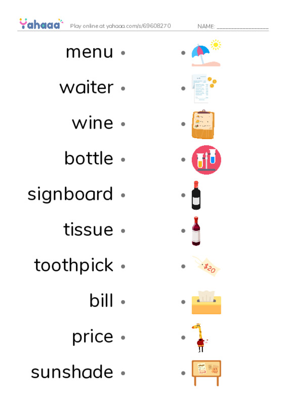 Restaurant vocabulary PDF link match words worksheet