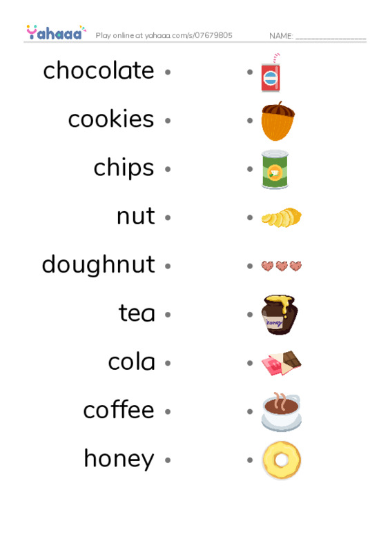 Snacks PDF link match words worksheet