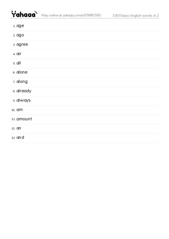 1000 basic English words: A 2 PDF words glossary