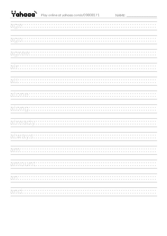 1000 basic English words: A 2 PDF write between the lines worksheet