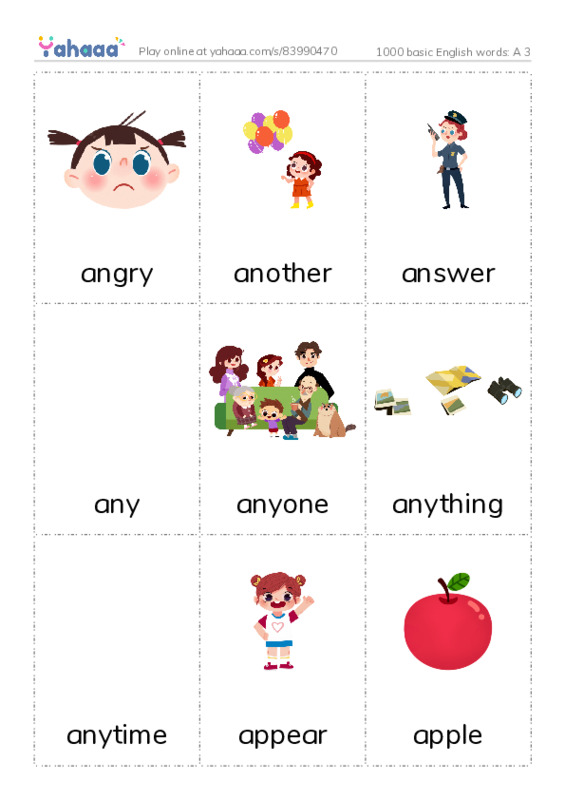 1000 basic English words: A 3 PDF flaschards with images