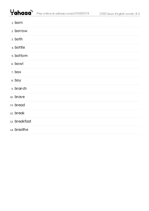 1000 basic English words: B 5 PDF words glossary