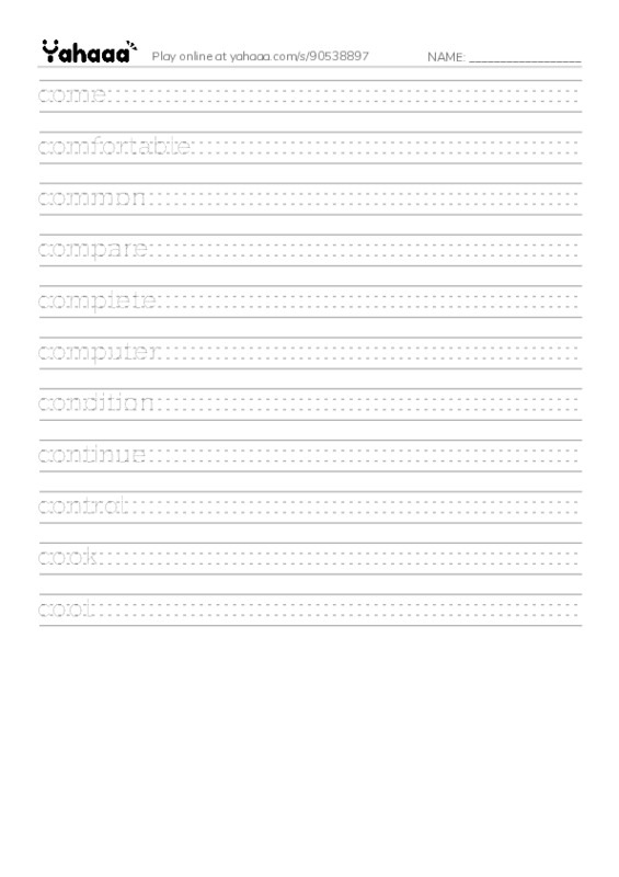 1000 basic English words: C 5 PDF write between the lines worksheet