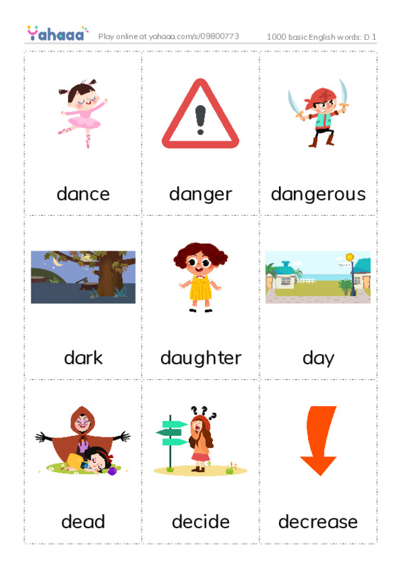 1000 basic English words: D 1 PDF flaschards with images