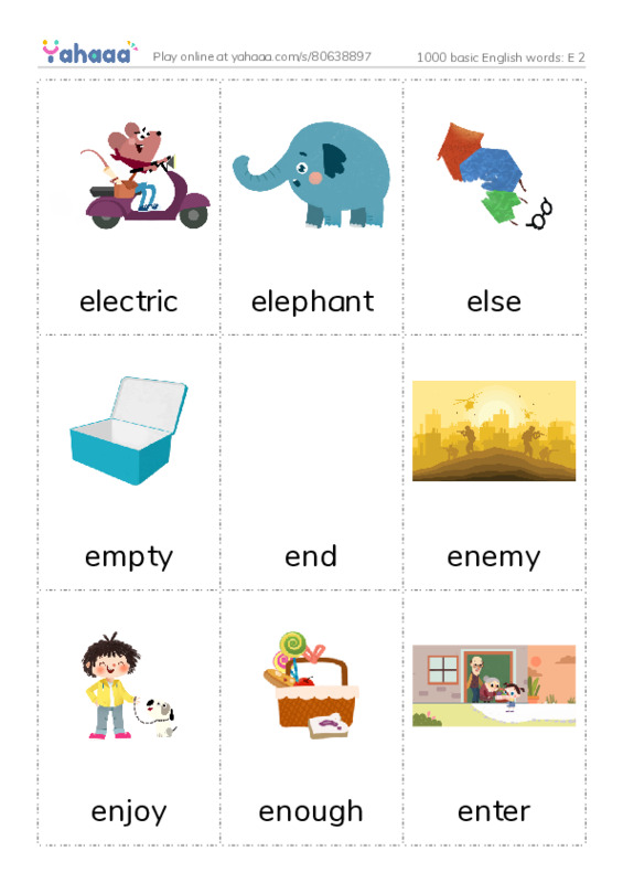 1000 basic English words: E 2 PDF flaschards with images