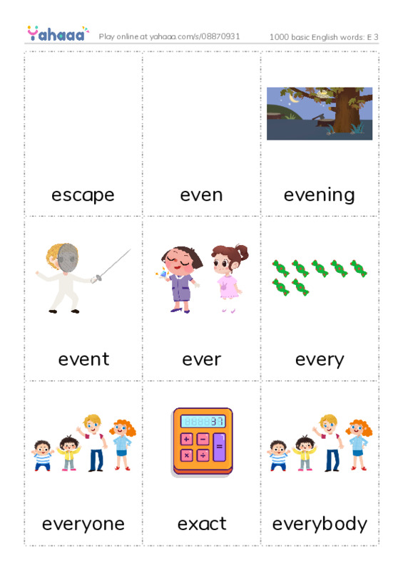 1000 basic English words: E 3 PDF flaschards with images