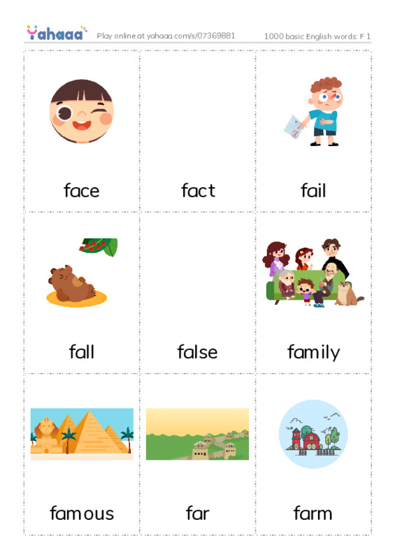 1000 basic English words: F 1 PDF flaschards with images