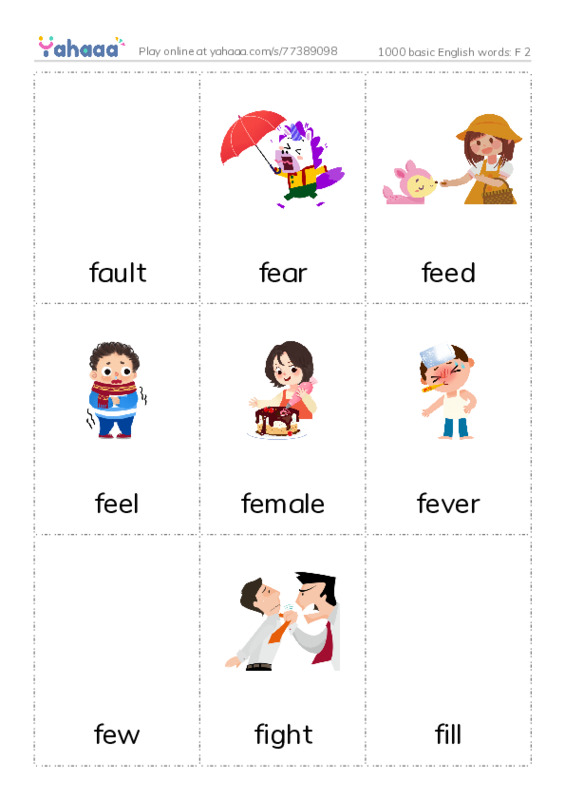 1000 basic English words: F 2 PDF flaschards with images