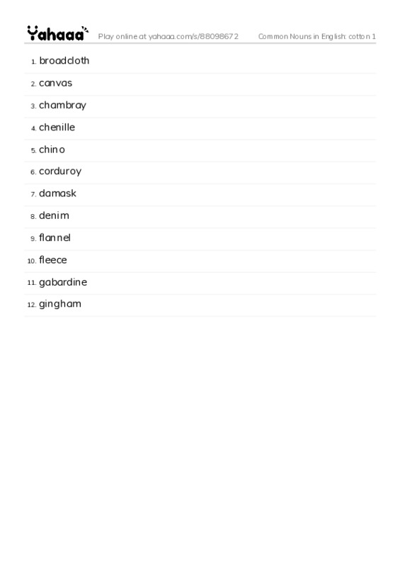 Common Nouns in English: cotton 1 PDF words glossary