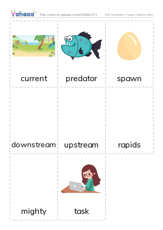 RAZ Vocabulary K: Leap A Salmons Story PDF flaschards with images