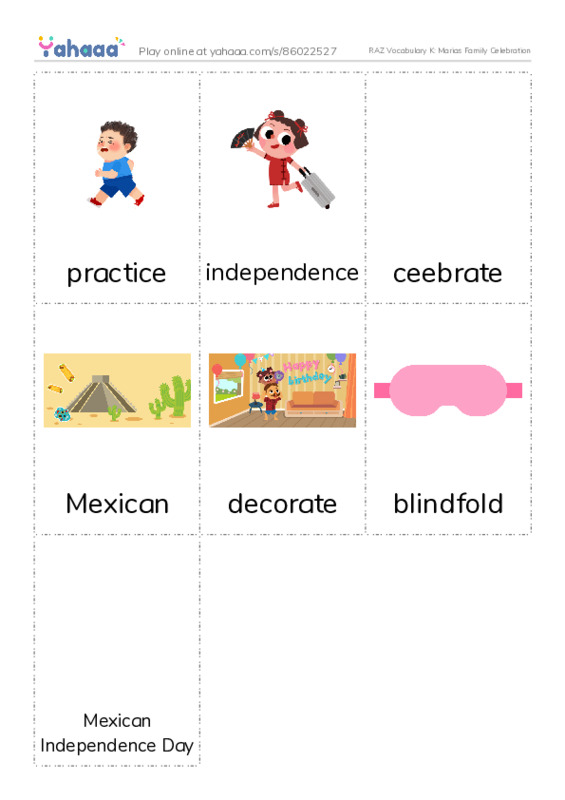 RAZ Vocabulary K: Marias Family Celebration PDF flaschards with images