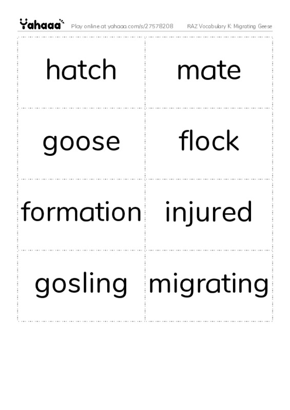 RAZ Vocabulary K: Migrating Geese PDF two columns flashcards
