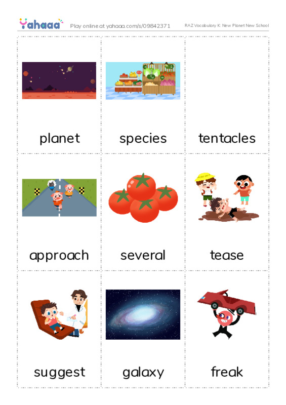 RAZ Vocabulary K: New Planet New School PDF flaschards with images