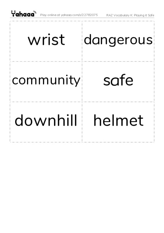 RAZ Vocabulary K: Playing it Safe PDF two columns flashcards