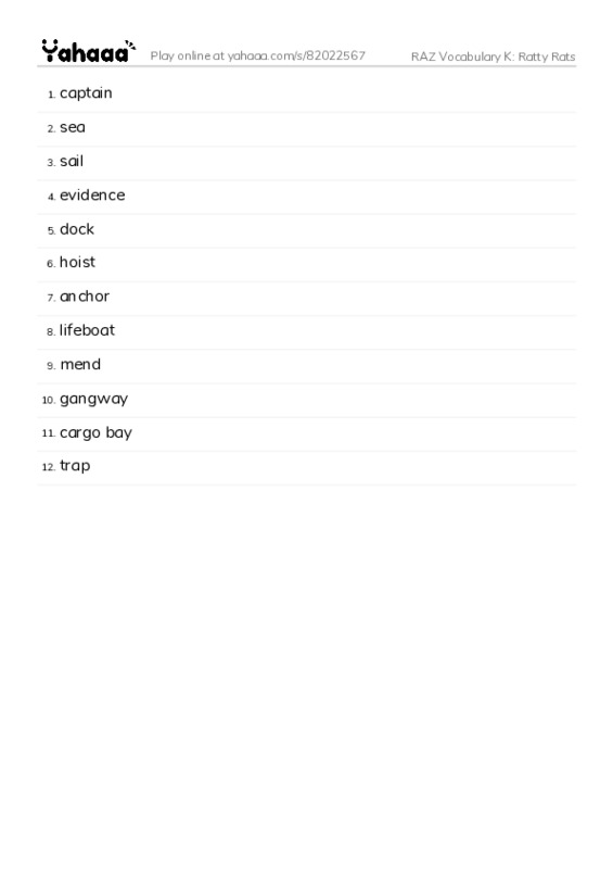 RAZ Vocabulary K: Ratty Rats PDF words glossary