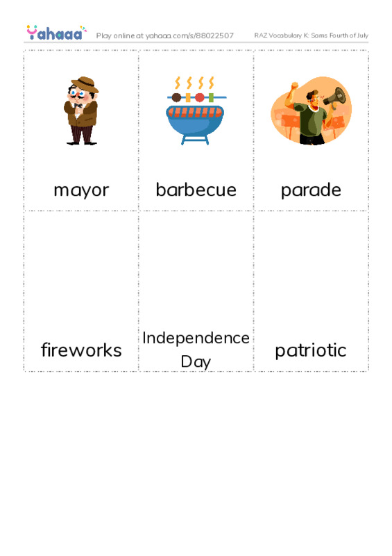 RAZ Vocabulary K: Sams Fourth of July PDF flaschards with images