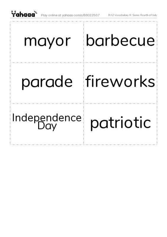 RAZ Vocabulary K: Sams Fourth of July PDF two columns flashcards