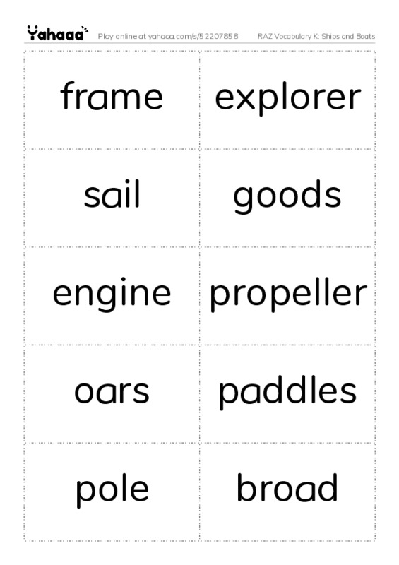 RAZ Vocabulary K: Ships and Boats PDF two columns flashcards