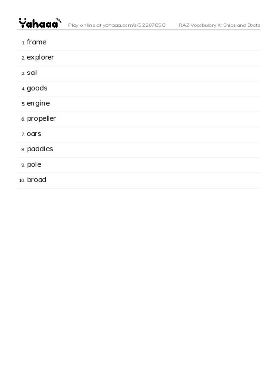 RAZ Vocabulary K: Ships and Boats PDF words glossary