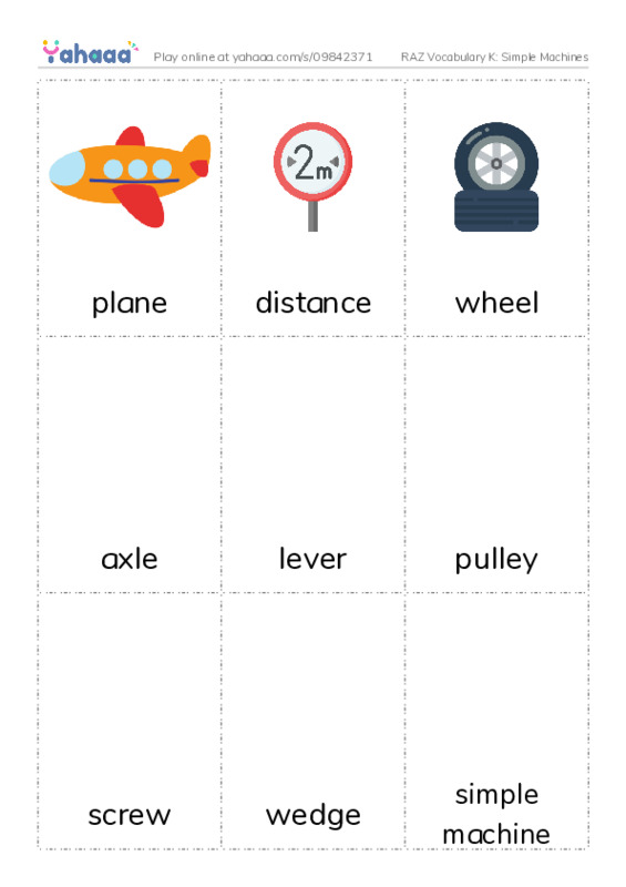 RAZ Vocabulary K: Simple Machines PDF flaschards with images