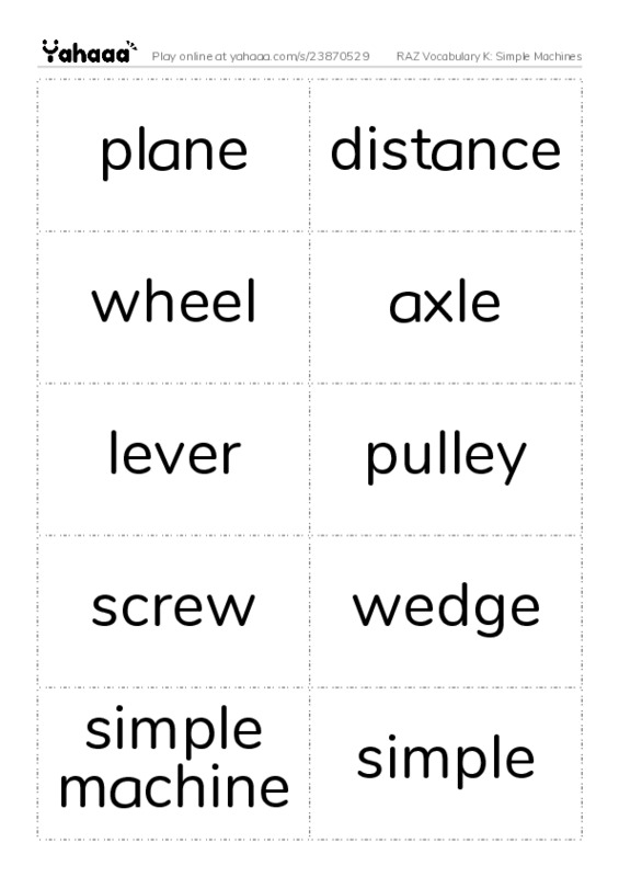 RAZ Vocabulary K: Simple Machines PDF two columns flashcards