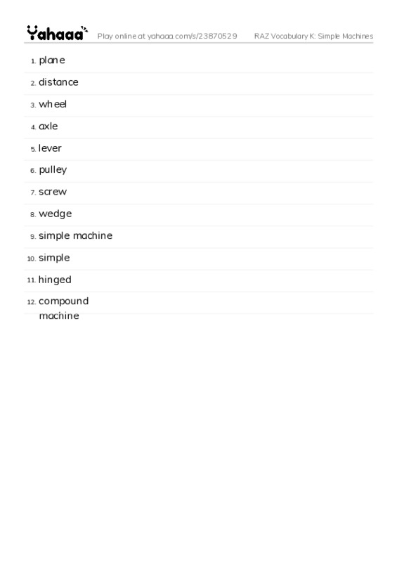 RAZ Vocabulary K: Simple Machines PDF words glossary