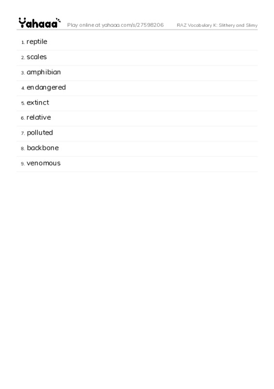 RAZ Vocabulary K: Slithery and Slimy PDF words glossary