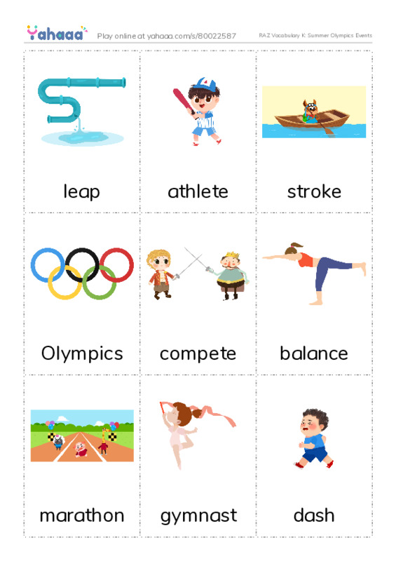 RAZ Vocabulary K: Summer Olympics Events PDF flaschards with images