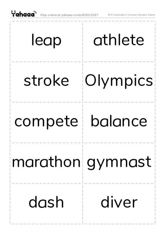 RAZ Vocabulary K: Summer Olympics Events PDF two columns flashcards