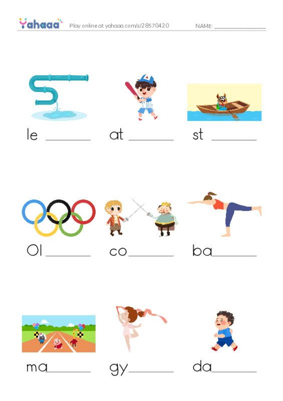 RAZ Vocabulary K: Summer Olympics Events PDF worksheet to fill in words gaps