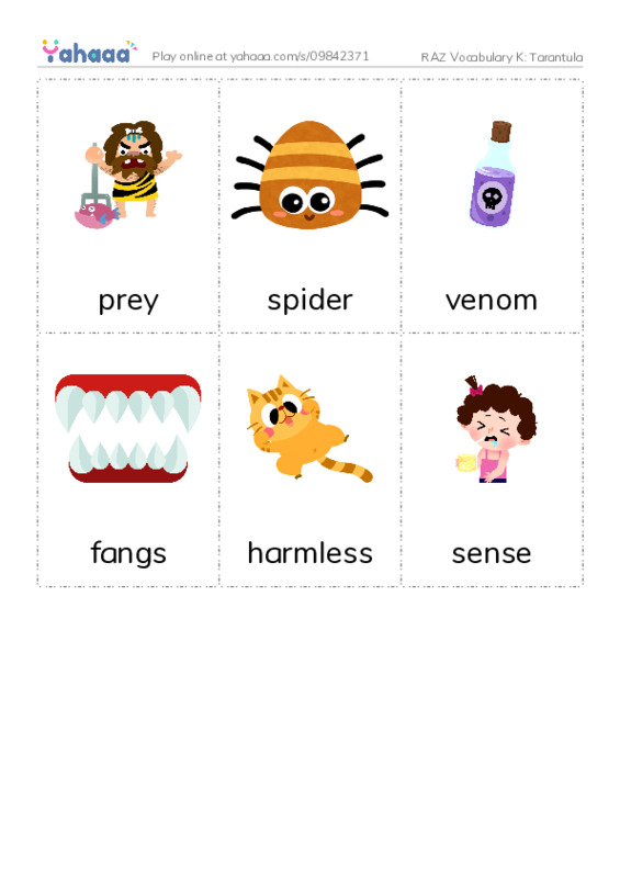 RAZ Vocabulary K: Tarantula PDF flaschards with images