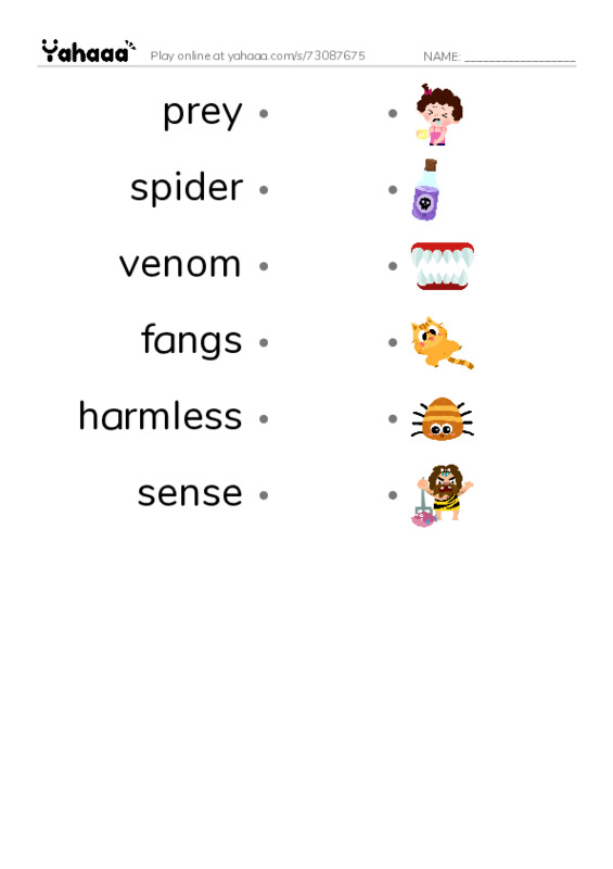 RAZ Vocabulary K: Tarantula PDF link match words worksheet