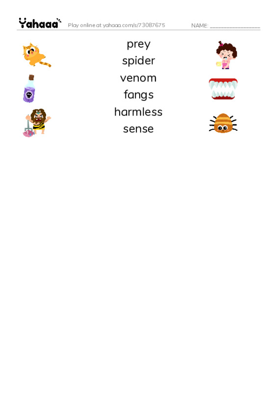 RAZ Vocabulary K: Tarantula PDF three columns match words