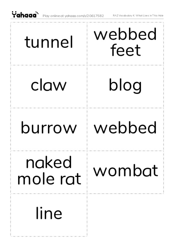 RAZ Vocabulary K: What Lives in This Hole PDF two columns flashcards