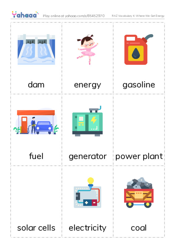 RAZ Vocabulary K: Where We Get Energy PDF flaschards with images