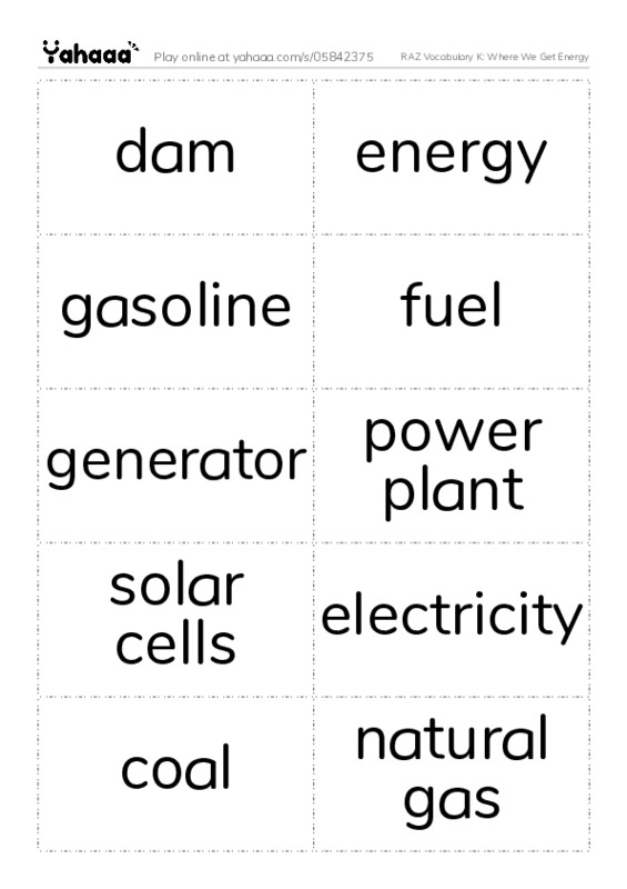 RAZ Vocabulary K: Where We Get Energy PDF two columns flashcards