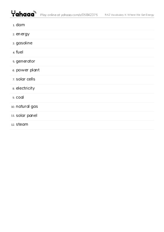 RAZ Vocabulary K: Where We Get Energy PDF words glossary
