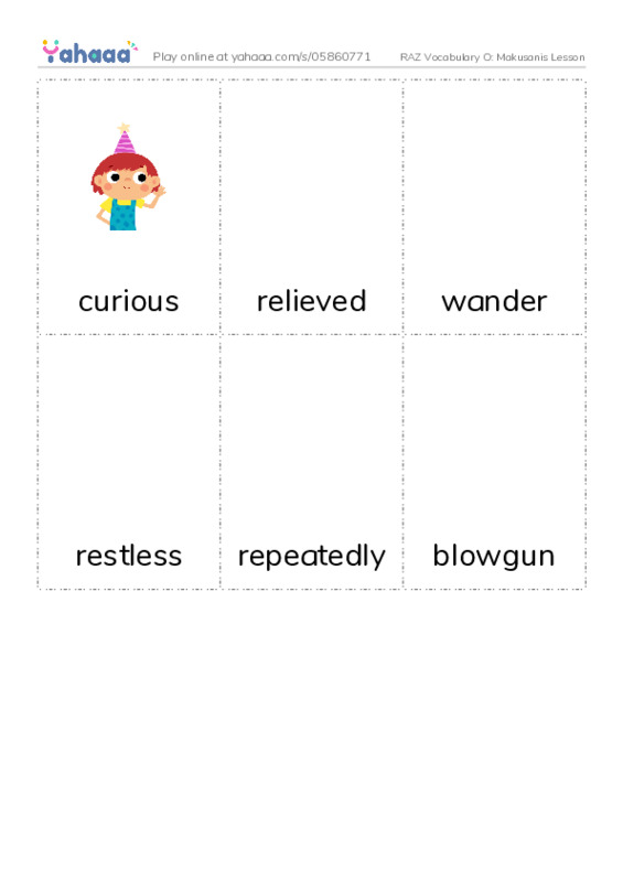 RAZ Vocabulary O: Makusanis Lesson PDF flaschards with images