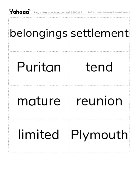 RAZ Vocabulary O: Meeting Father in Plymouth PDF two columns flashcards