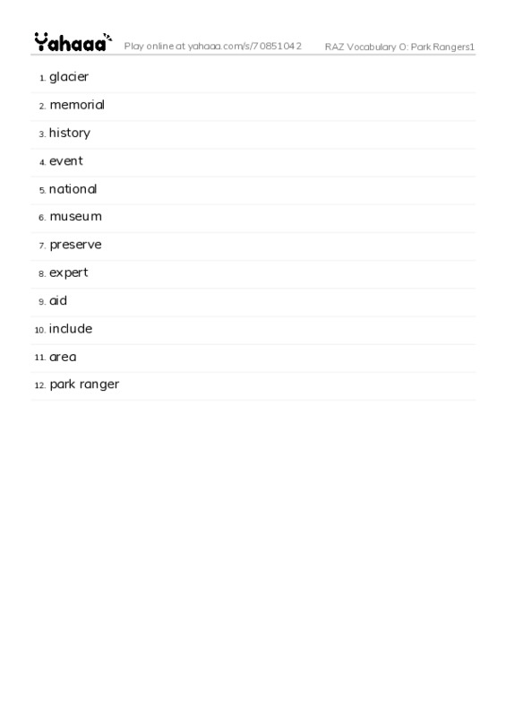 RAZ Vocabulary O: Park Rangers1 PDF words glossary