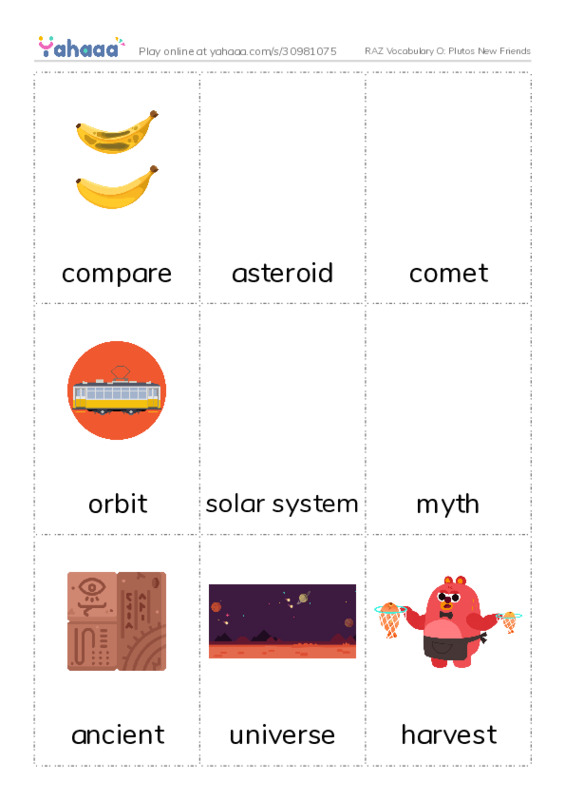 RAZ Vocabulary O: Plutos New Friends PDF flaschards with images