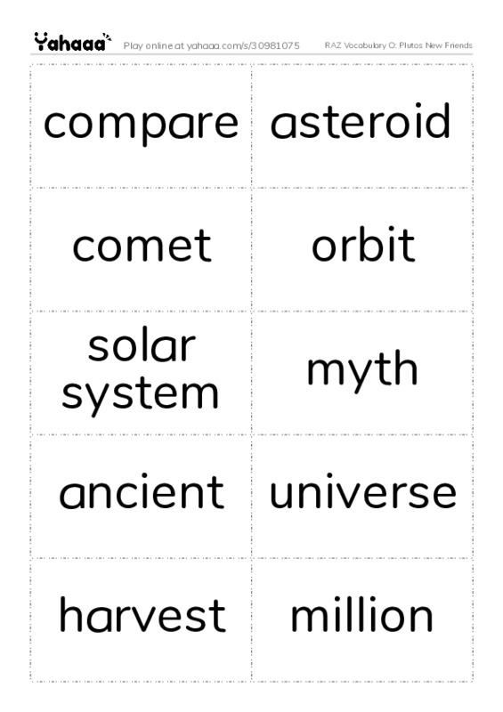 RAZ Vocabulary O: Plutos New Friends PDF two columns flashcards