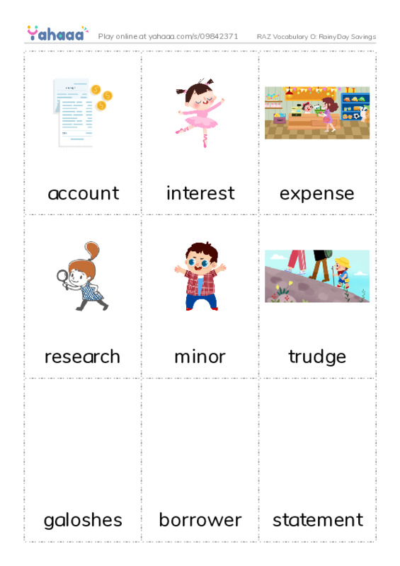 RAZ Vocabulary O: RainyDay Savings PDF flaschards with images