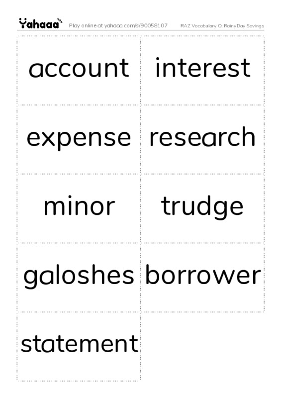 RAZ Vocabulary O: RainyDay Savings PDF two columns flashcards