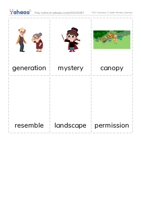 RAZ Vocabulary O: Spider Monkeys Question PDF flaschards with images