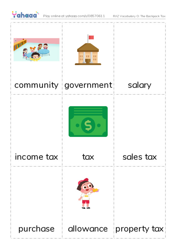 RAZ Vocabulary O: The Backpack Tax PDF flaschards with images