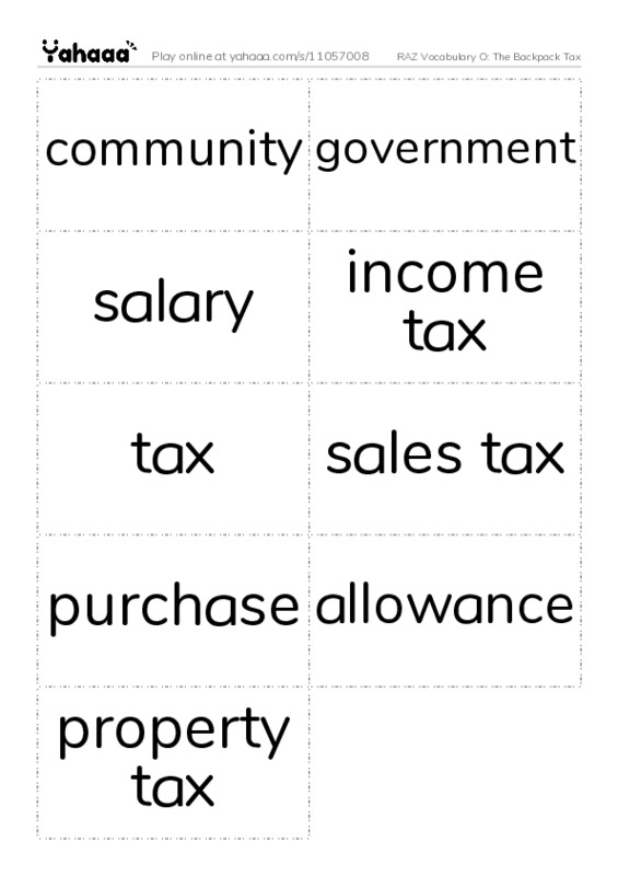 RAZ Vocabulary O: The Backpack Tax PDF two columns flashcards