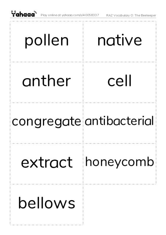 RAZ Vocabulary O: The Beekeeper PDF two columns flashcards