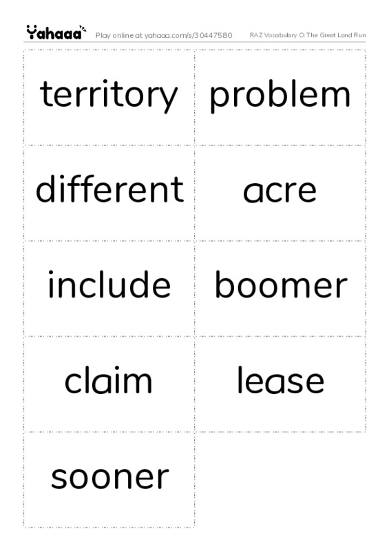 RAZ Vocabulary O: The Great Land Run PDF two columns flashcards