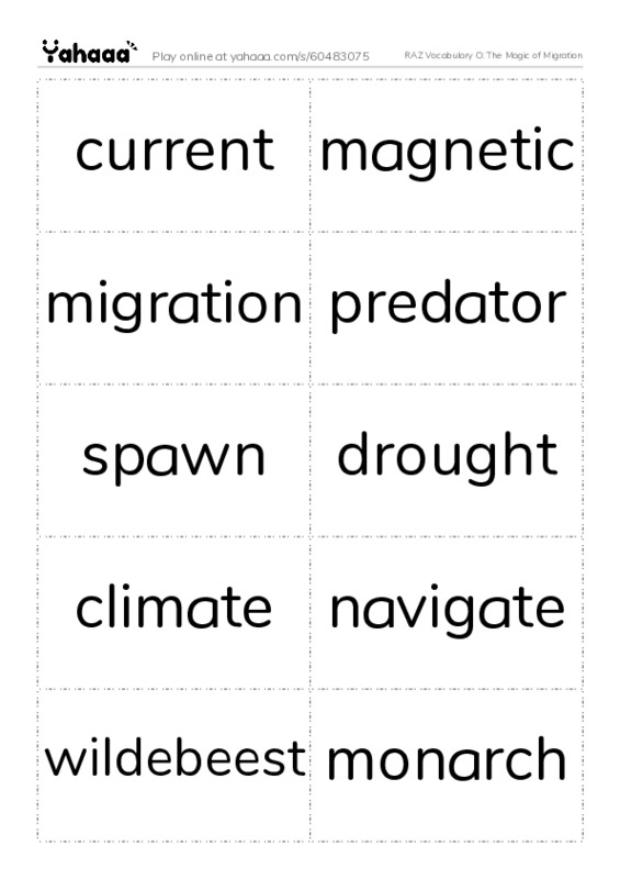 RAZ Vocabulary O: The Magic of Migration PDF two columns flashcards